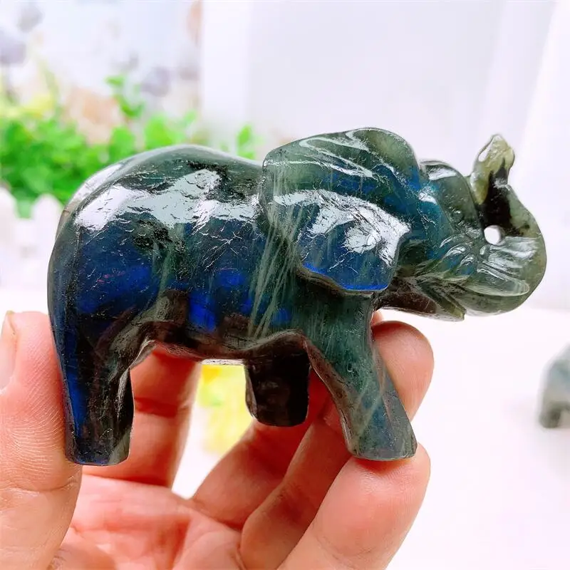 Natural Labradorite Elephant for Room Decoration, Healing Crystal, Animal Figurine, Reiki Carved Stones, Gift, 1Pc