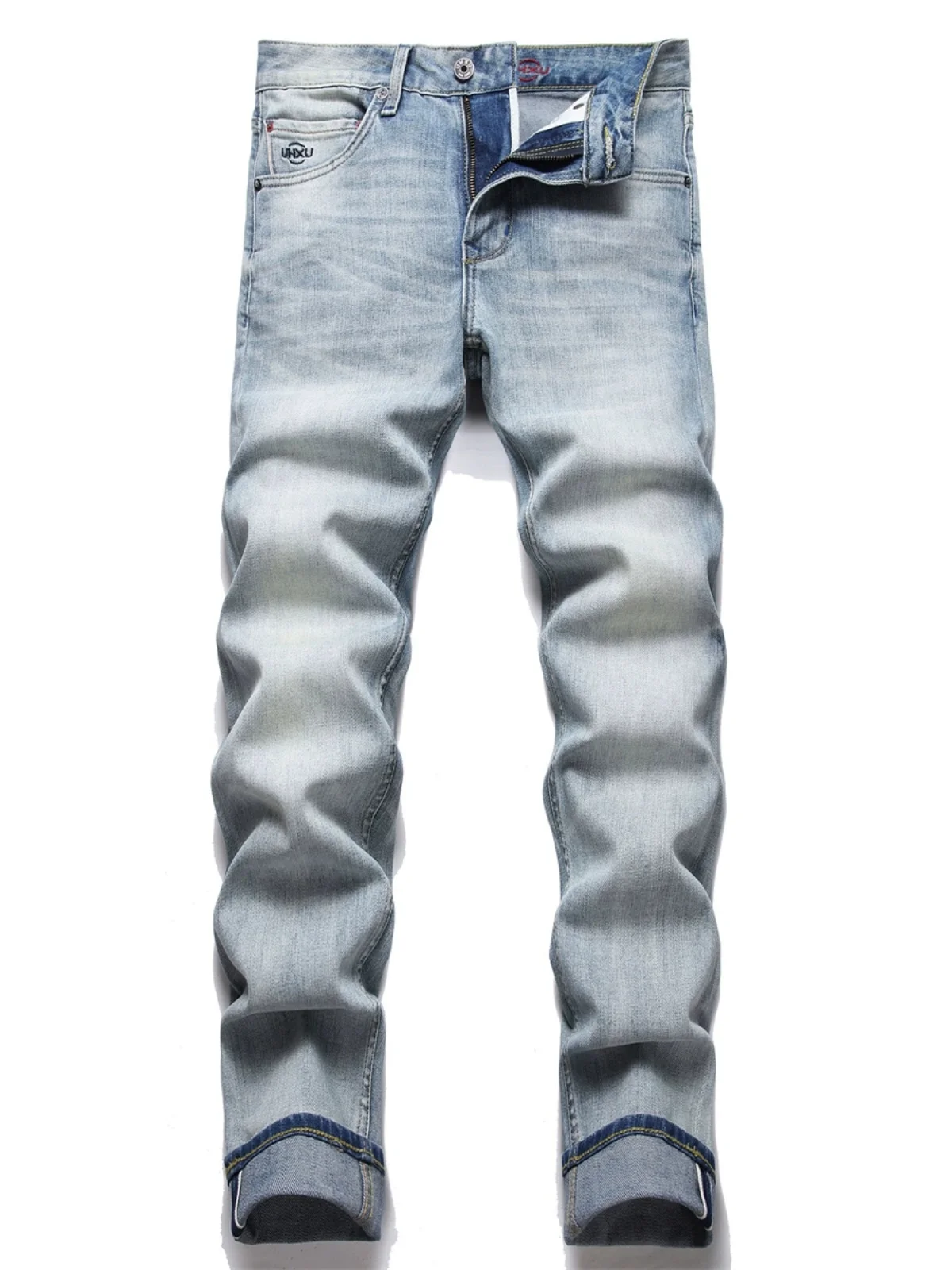 

Высококачественные легкие люксовые светло-голубые джинсы для мужчин: модные, брендовые, молодежные, прямые, эластичные, повседневные, длинные брюки