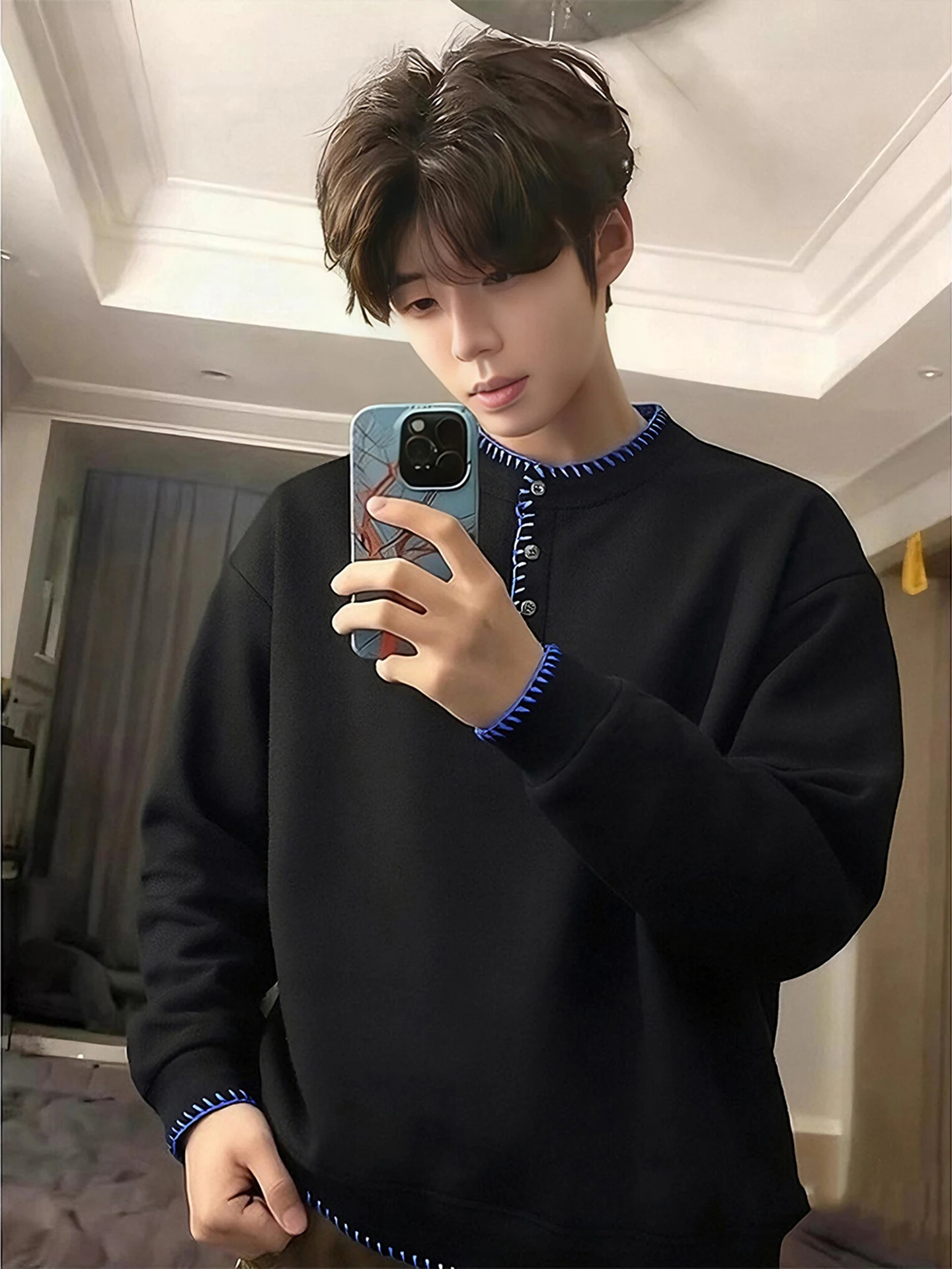 Bla Henry Collar Long Sve T-irt Men's Spring Color Blo Hand Sewn Sweatirt Retro Money Sle Inner Wear Top