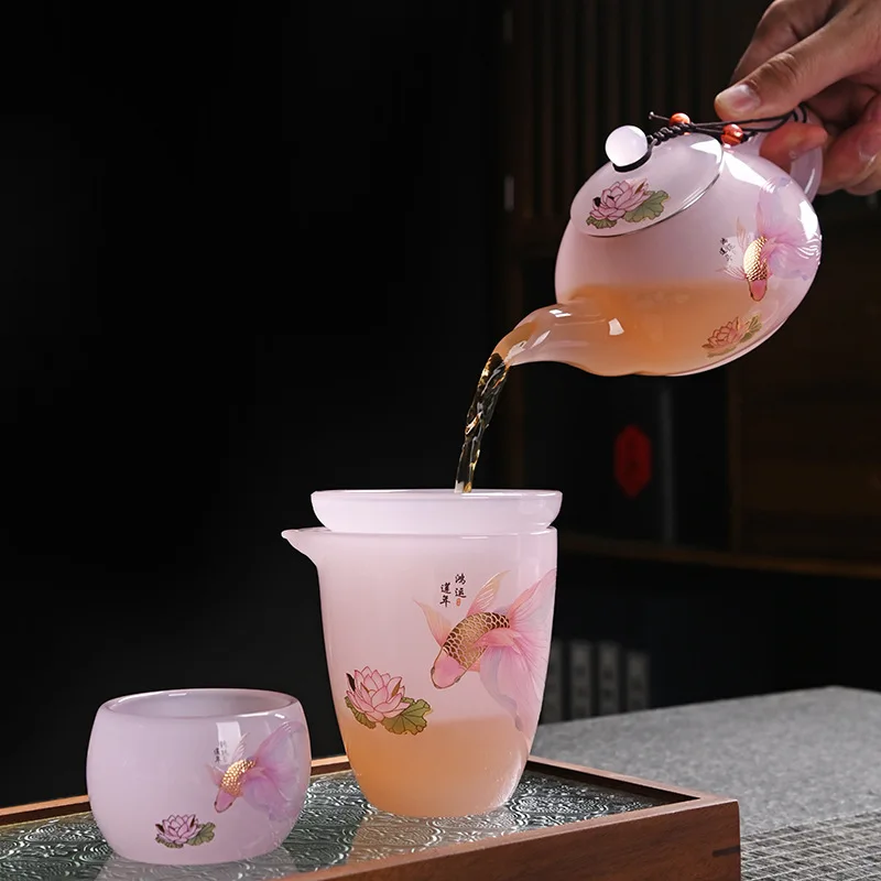 Pink Glazed Porcelain Household Kung Fu Tea Glass Jade Three-Talent Covered Bowl Ice Burnt Gift Box Set