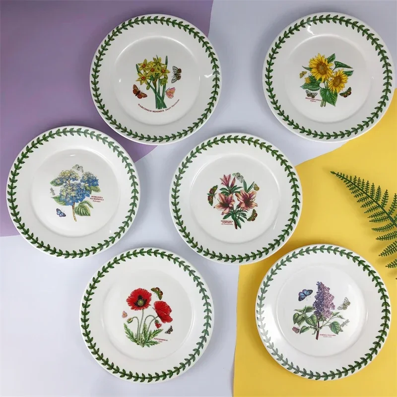 

Nordic Ceramic Plate Pastoral Style Round Plant and Flower Tableware Household Steak Dessert Decorative Plate Kitchen Tableware