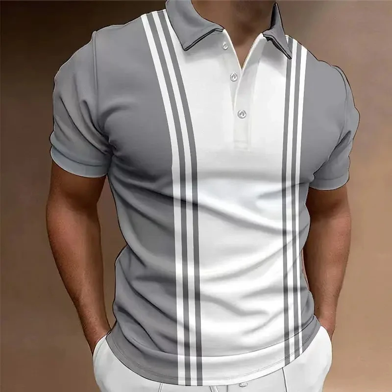 Classic Men's Polo Shirt Summer Stripes Print Short Sleeve Tee Shirts Casual Business Button Tees Tops Fashion Polo Shirts Lapel