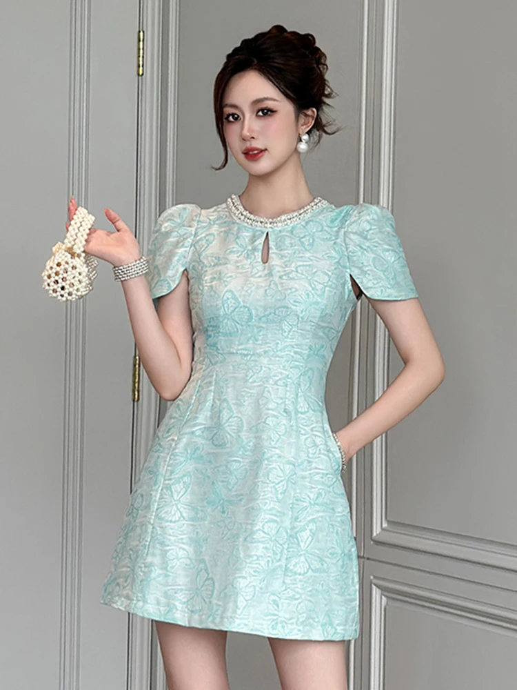 Frauen Vintage Süße Mini Kleid Weibliche Nette Perle Trim Hohl Ausschnitt Taschen Elegante Kurze Kleid Dame Party Club Formale Vestidos