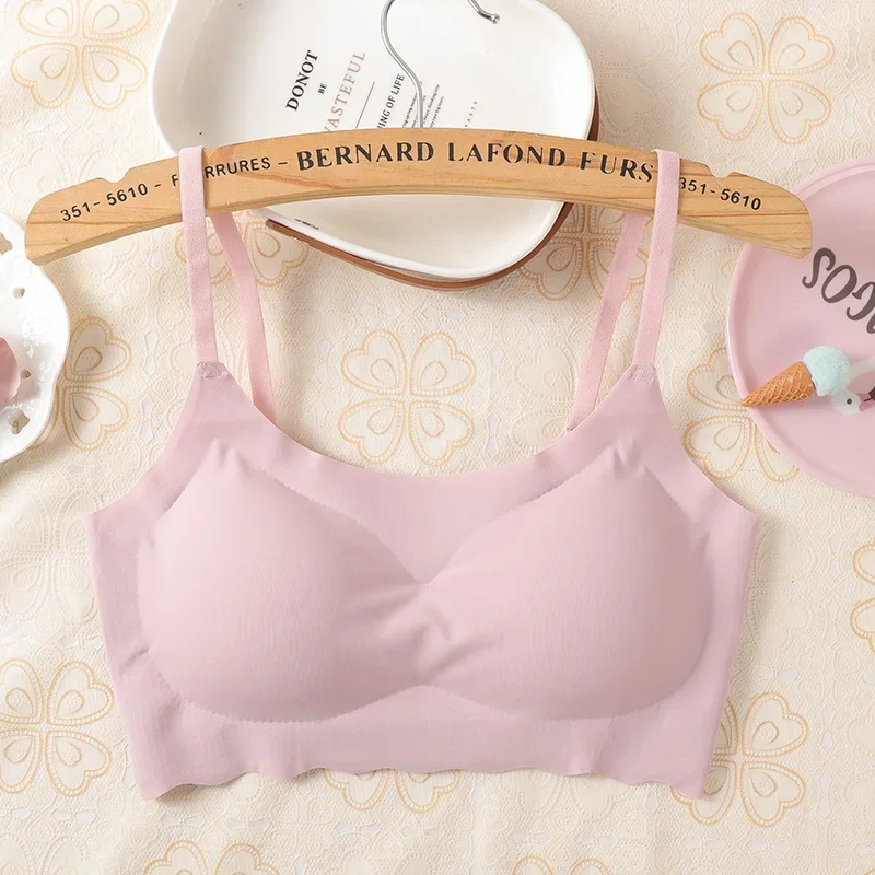Lingerie Sutra Es Tanpa Jahitan Laris untuk Wanita, Camisole Seksi dengan Desain Cantik di Bagian Belakang dan Pembungkus Dada, Bra Olahraga Tidur Wanita