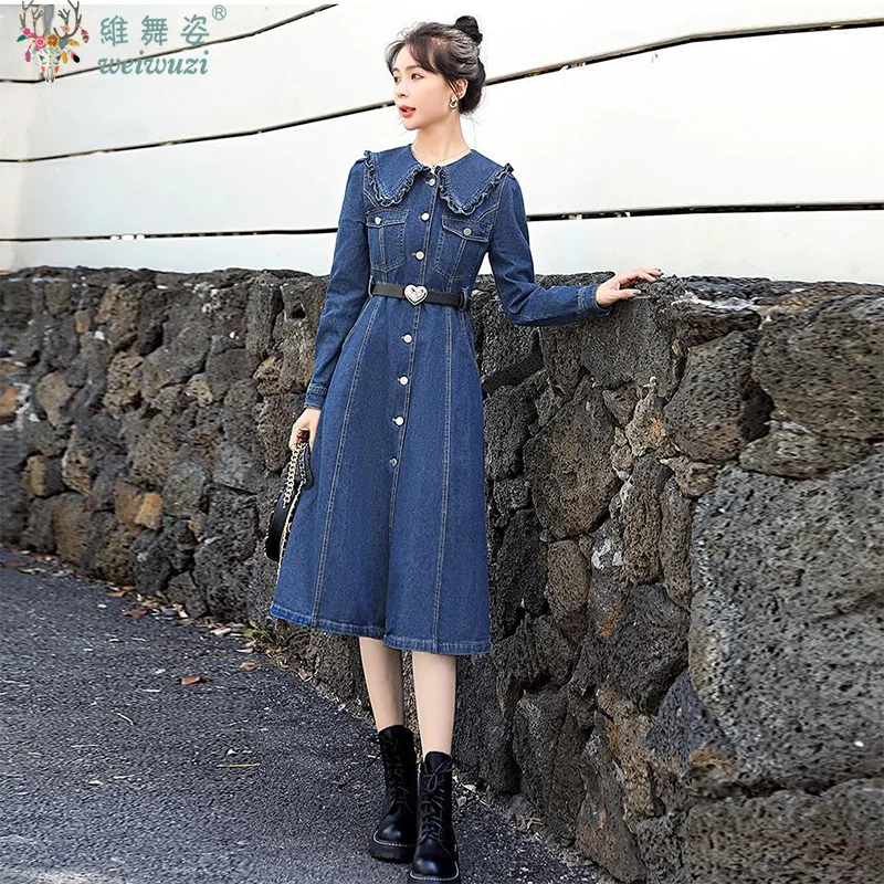Robe en Jean élégante pour femmes, automne hiver, France, col Peter Pan, ceinture en cœur, Slim, mode dame, tenues décontractées, nouvelle collection