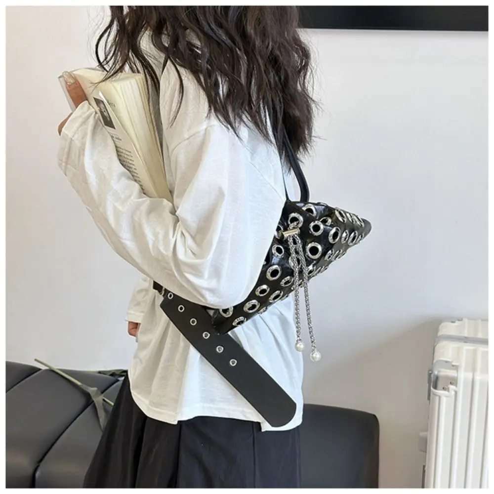 

Casual Metal Stud Rivet Shoulder Bag Hollow Chain Y2k Underarm Bag Punk Style Handbag Drawstring Crossbody Bag Girl