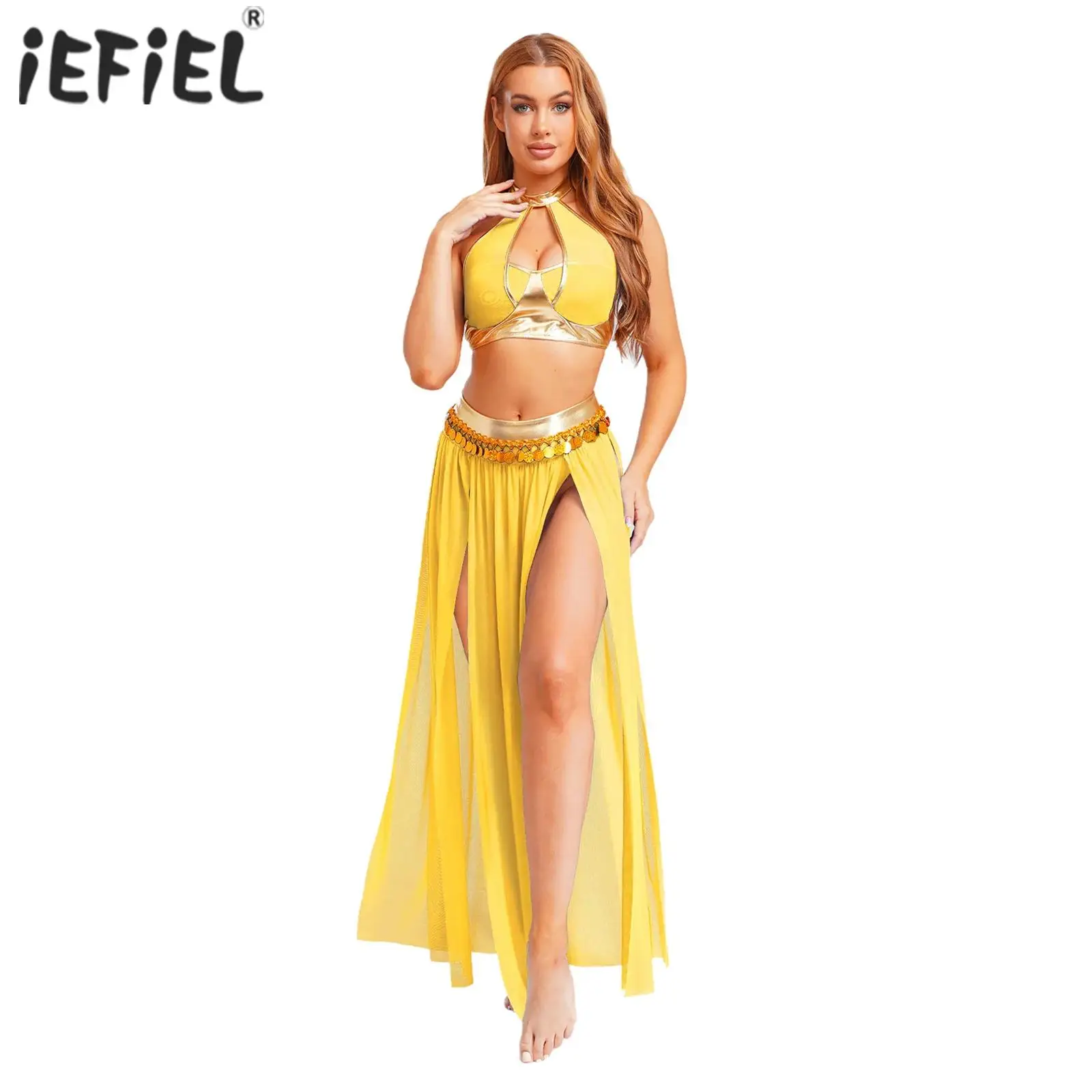 

Womens Oriental Indian Belly Dance Outfits Bellywood Costume Halter Backless Crop Top And Split Mesh Skirt with Sequin Tassel