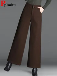 Fall Winter Woolen Loose Wide Leg Pants Women Casual High Waist Wool Blend Straight Pantalones Korean Fashion Solid Calcas New