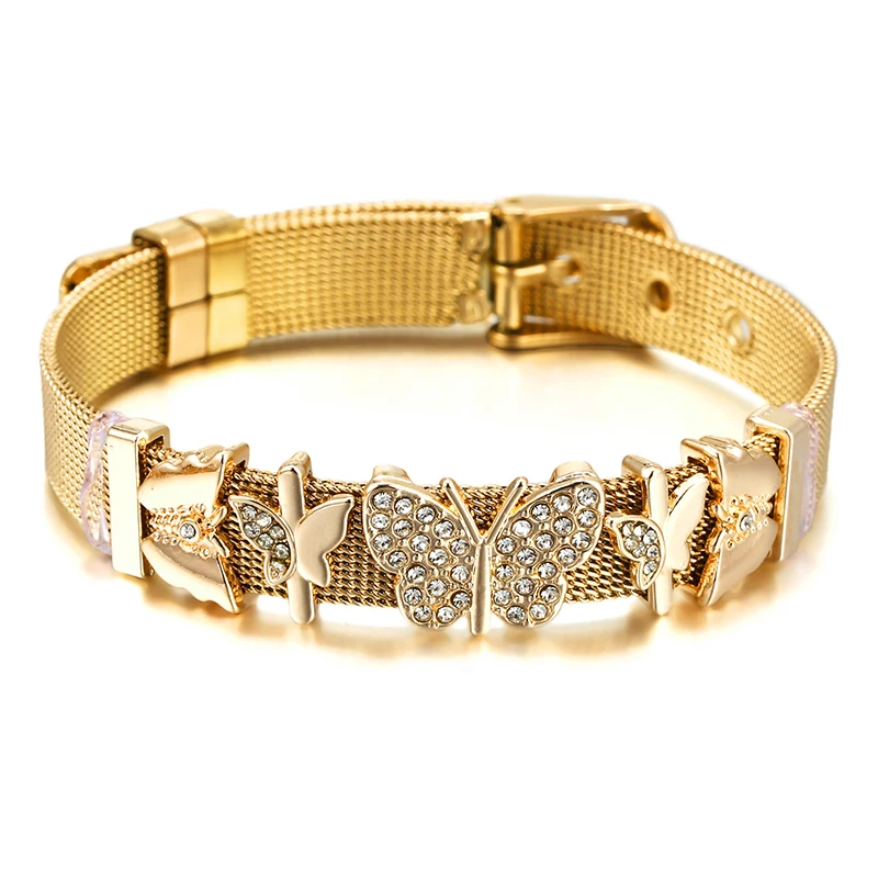 Stainless Steel Mesh Bracelets For Women Men Watch Chain Butterfly Charm Beads Brand Bracelet Bangles Best Couples Jewelry Gift