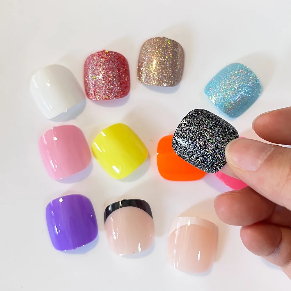 24*12=288 sztuk czarny laserowy brokat sztuczne paznokcie błyszczące laserowe złoto/francuski owalne krótkie kwadratowe sztuczne paznokcie mieszane naciśnij na paznokcie