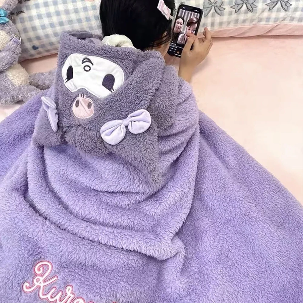 

Kawaii Kuromi Cloak Hooded Blanket My Melody Throw Blanket Sanrio Cartoon Cinnamoroll Autumn Winter Warm Air Conditioner Blanket