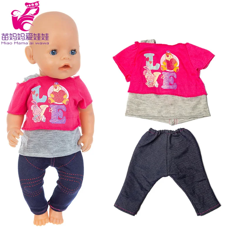 43 Cm Baby Doll Clothes Rose Red Strapless Top Shirt Denim Pants 18 Inch Girl Doll Fashion Tee-shirt Jeans Tights