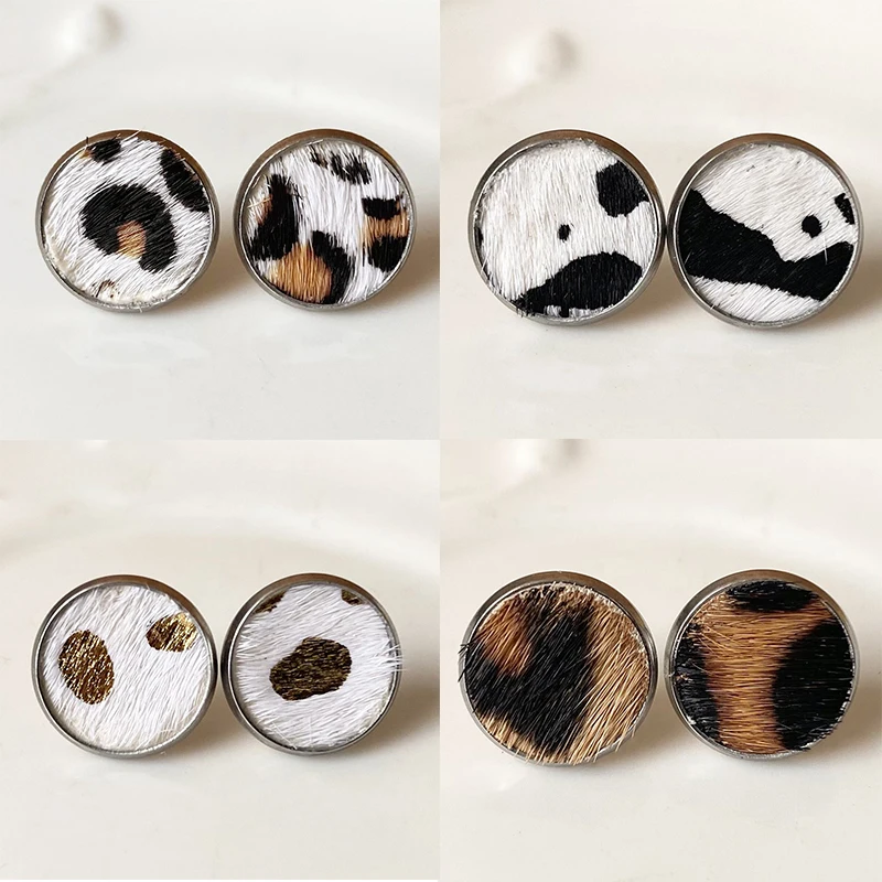 Leather Stainless Steel Studearrings Leopard Print Cow Print Stud Earrings Europe US Bohemia Leopard Earrings Texture Jewelry