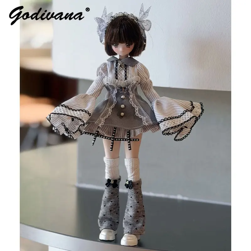 Vintage BJD Clothes Gray Stripe Flare Sleeve Corset Top Mini Skirt Lace‑up Bow Leg Warmers Lace Headpiece for Special 1/6 BJD