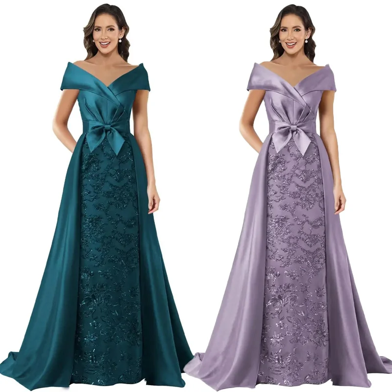 

A Line Satin Sequin Lace Applique Boat Neck Mother Of The Bride Dress Outfits Evening Formal Prom Floor Length Corset Plus Size