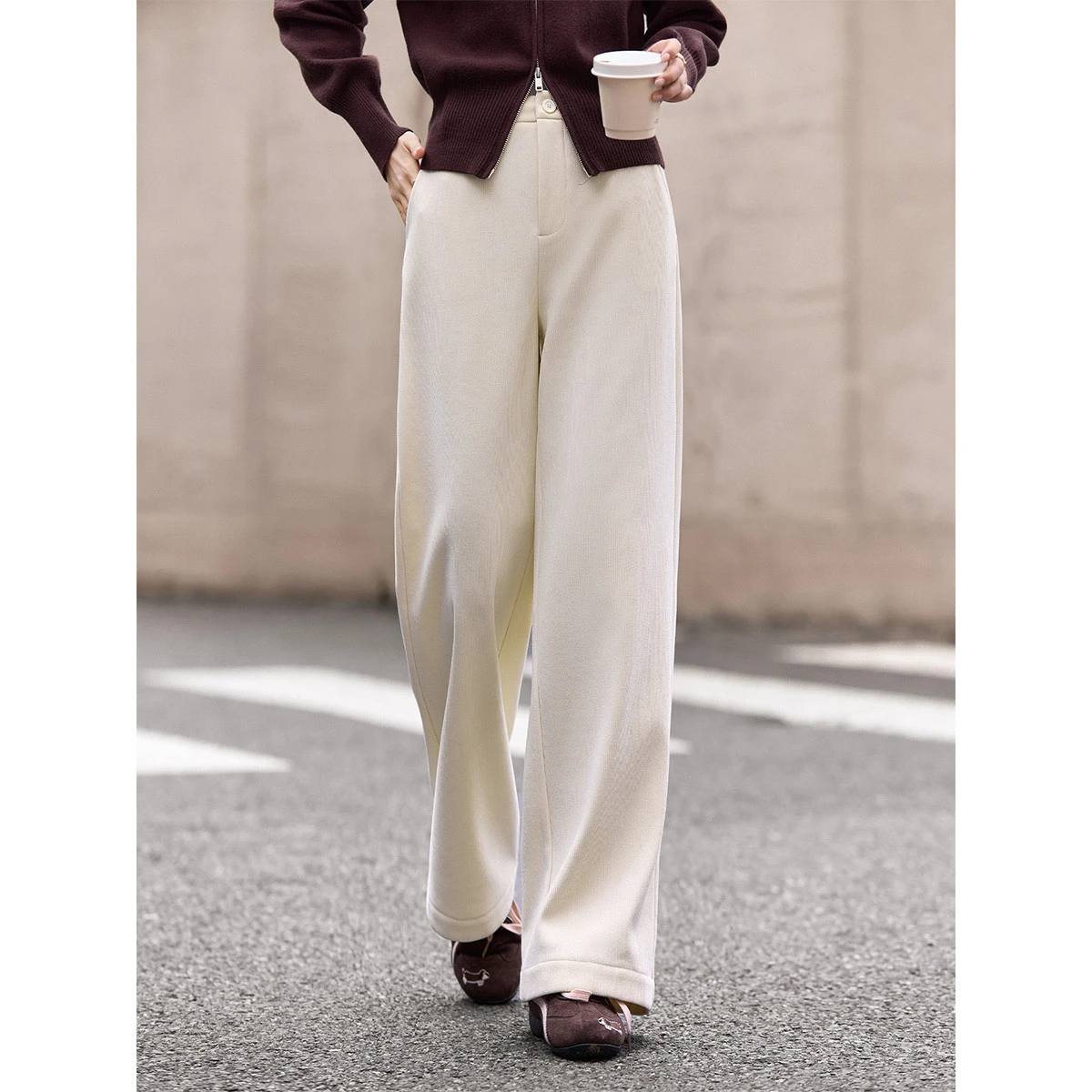 VIMLY Casual Women's Long Pants 2025 Apricot Corduroy Fleece Lined Wide Leg Trousers Winter Warm Cozy Office Lady Clothing A3312