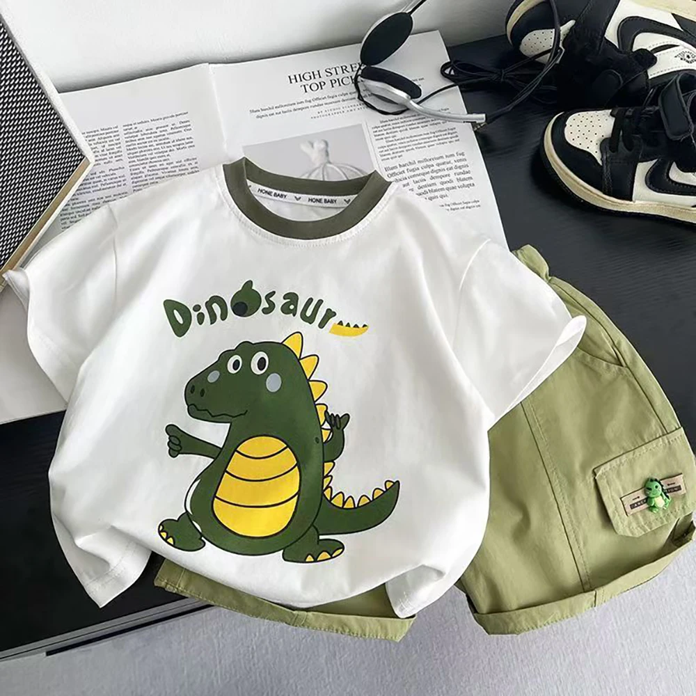 Summer Boys Clothes Sets Cute Dinosaur Print Kids T-shirt+Loose Shorts 2Pcs 2026 Casual Loose Children Thin T-shirt Outfit Suit