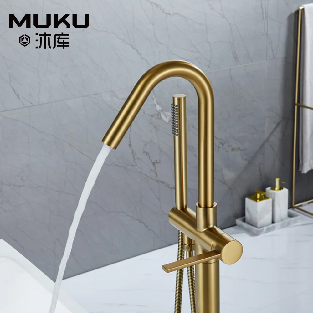

Export Copper Black Floor Stand Bathtub Faucet Brushed Gold Single Handle Surface-Mounted with Shower Head Bathroom Tub Tap