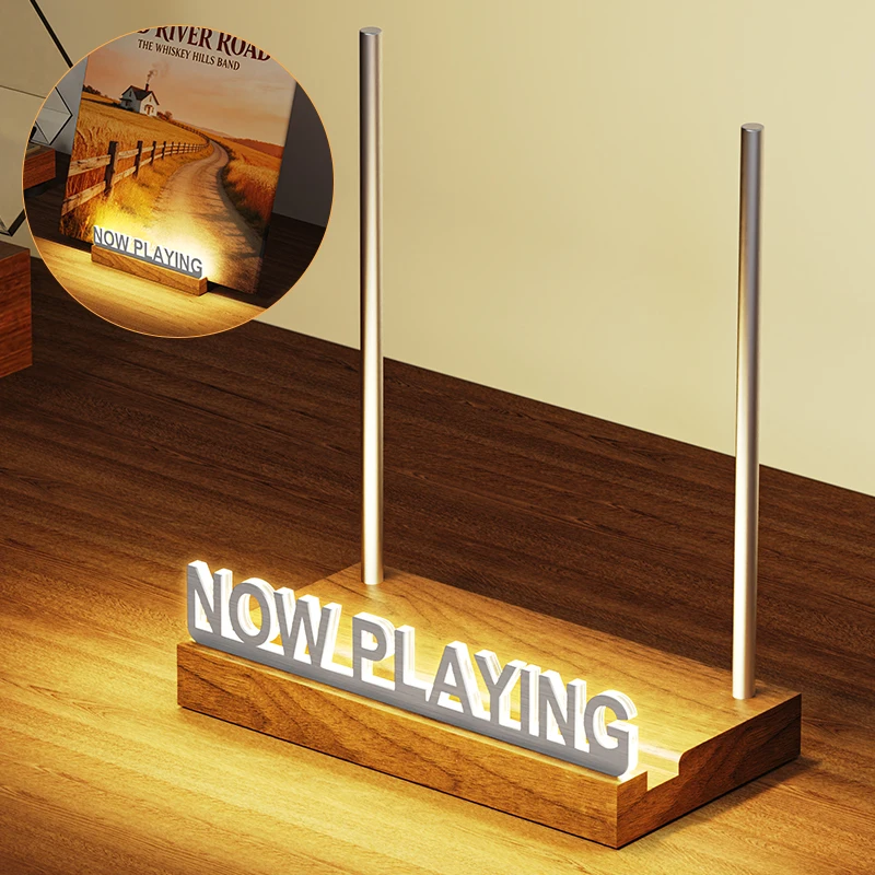 LED Now Playing Vinyl Record Stand Walnut Base Dimmable Light Acrylic LP Holder Aluminum Rod Anti-Fingerprint Desktop Decor