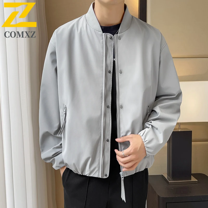 COMXZ Men Jacket Baseball Collar Street Fashion Windproof Motorcycle Coats Versatile Solid Color Riding Lightweight Autumn Coat
