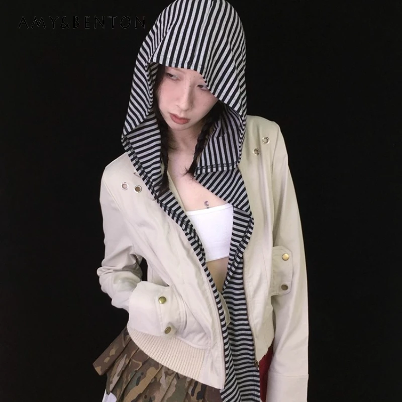 

2025 Autumn Winter New Striped Fake Two-Piece Hooded Women's Jacket Original Design Versatile Slimming Zipper Jackets Ladies