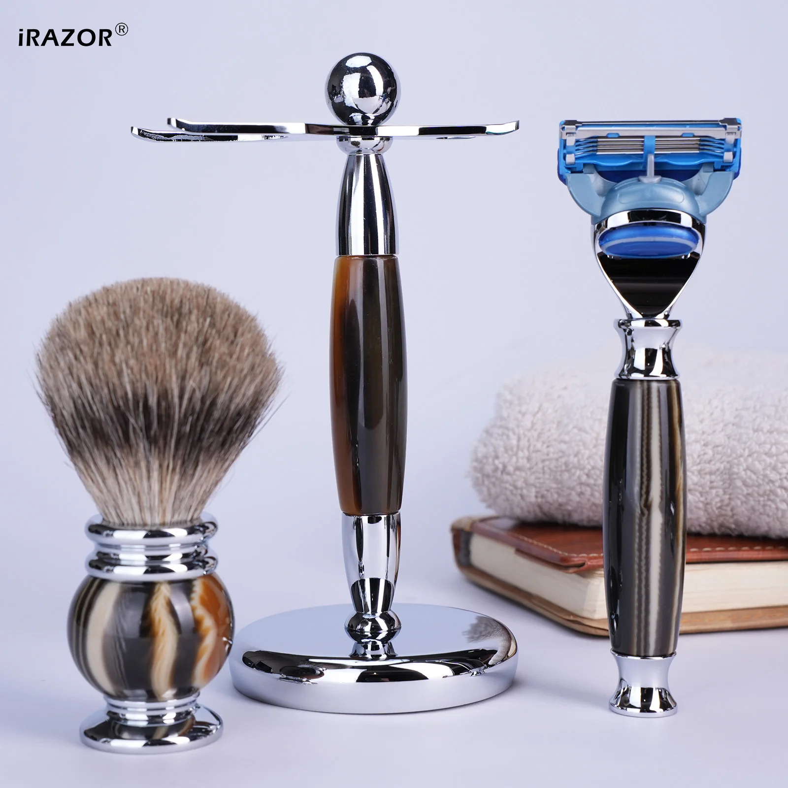 iRAZOR الفاخرة 5-Blade F5 الانصهار الحلاقة الحلاقة عدة للرجال مع الراتنج مقبض الفضة الغرير فرشاة شعر السلطانية أداة تهذيب الشعر هدية