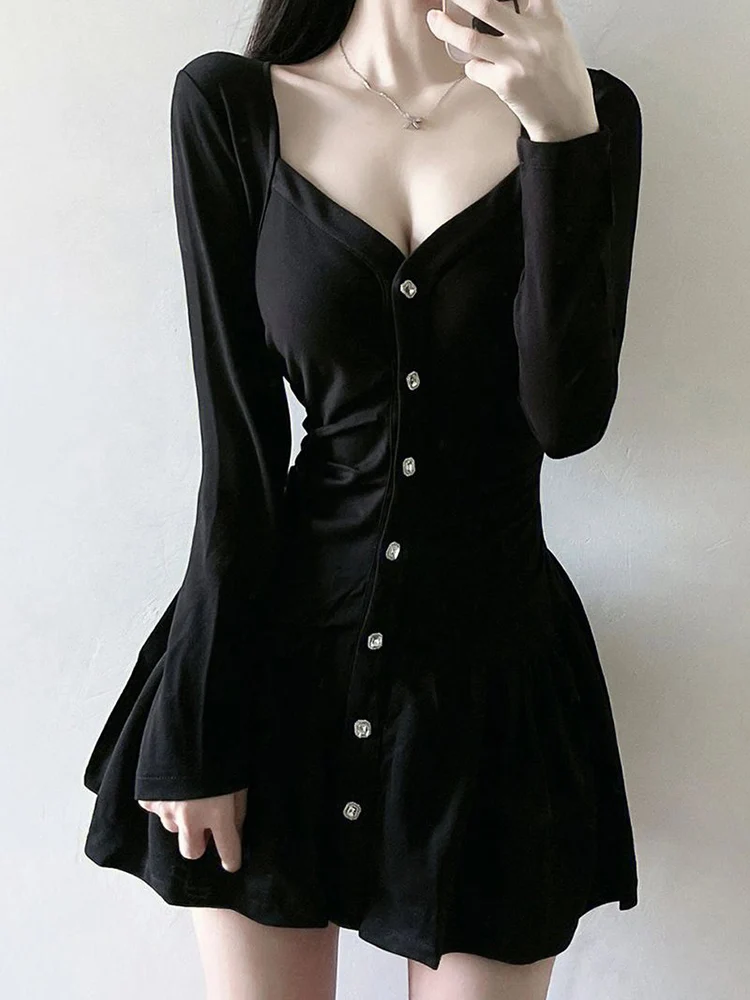 Women Elegant Slim Simple Mini Dress Spring Casual Long Sleeve All Match Party A Line Dress Jmprs Sexy Square Collar Black Dress