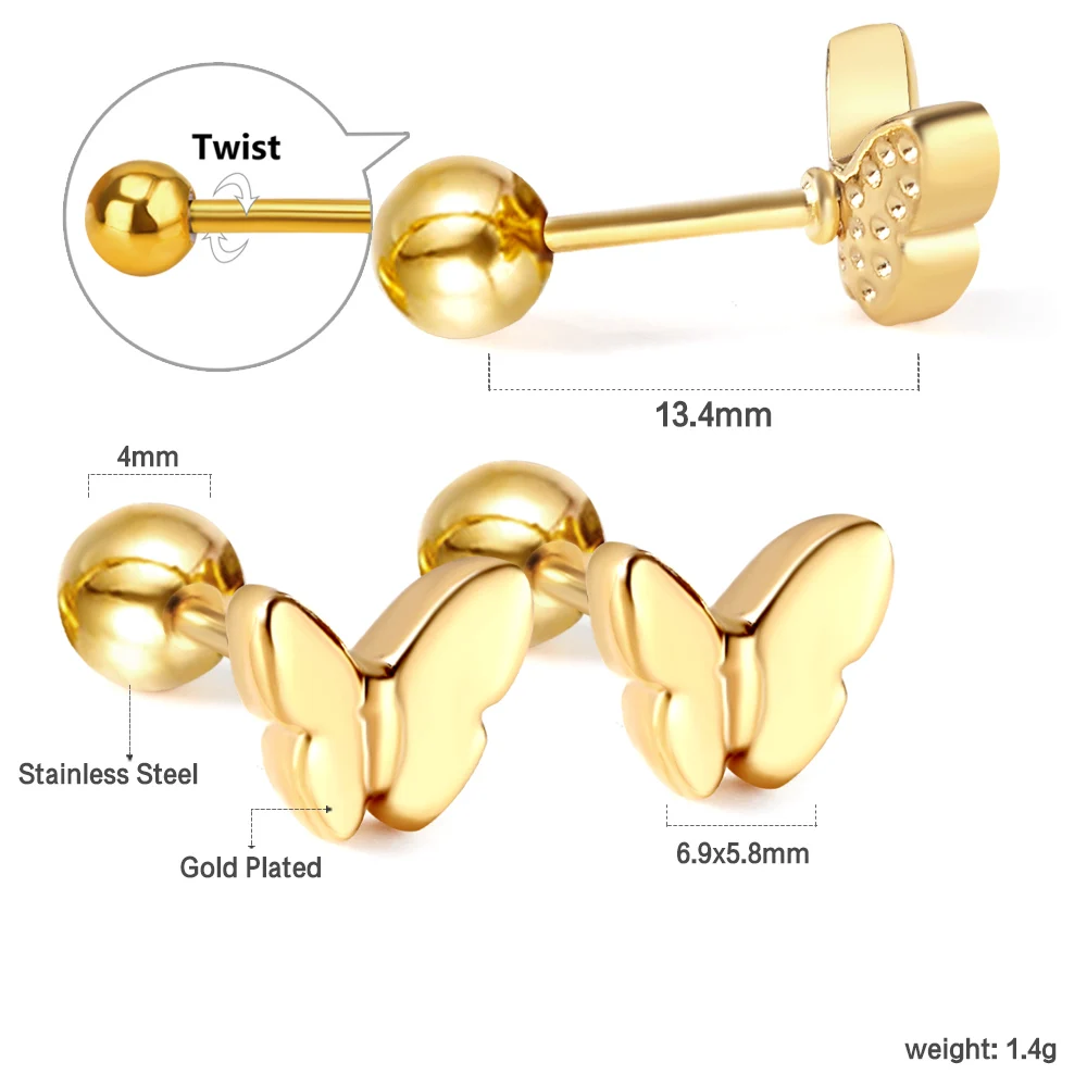 3 Pairs Cute Animal Stud Earrings Stainless Steel Butterfly Rabbit Elephant Screw Back Ear Studs Wholesale Women Jewelry