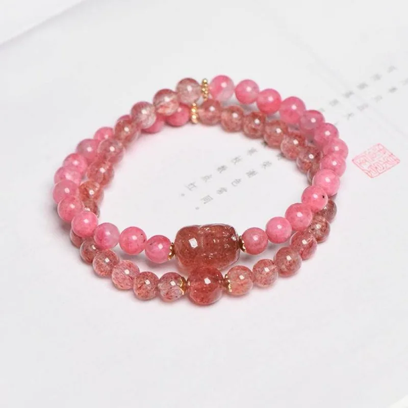 2025New Designer Rose Quartz and Strawberry Crystal Double Strand Bracelet - Elegant Crystal Jewelry for Women