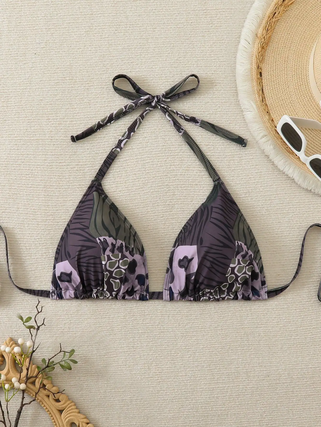 

Halter Backless Bikini Top With Leopard And Plant Print For Women