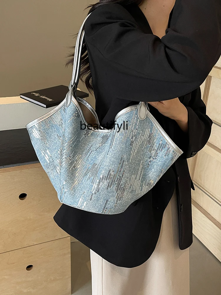 Denim Sequins Large Capacity Bag Summer New Shoulder Bag Casual Western Style Commute Cross Body Bucket Bag