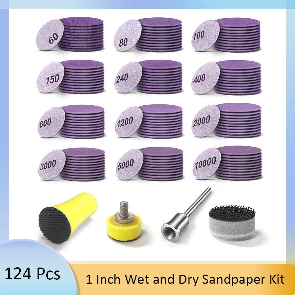 124 Pcs 1 Inch Wet and Dry Sandpaper Kit  with Sanding BlockInterface Pad for Drill Grinder Rotary Tools and Wood Metal Jewelry