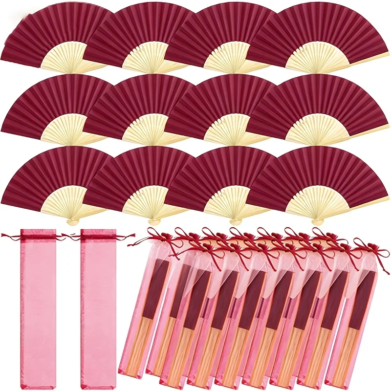 6Pcs Burgundy Folding Hand Fans Set with 6Pcs Burgundy Organza Pouches, Elegant Handheld Fan Souvenir Gift for Wedding Party