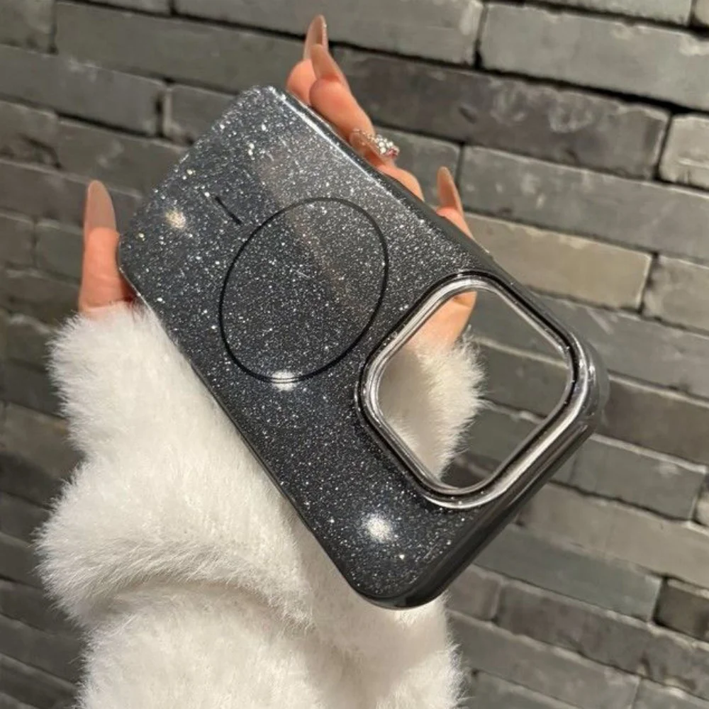 حافظة هاتف مغناطيسية لامعة لامعة لهاتف آيفون 16 15 14 13 12 11 Pro Max لغطاء شحن لاسلكي مغناطيسي Magsafe