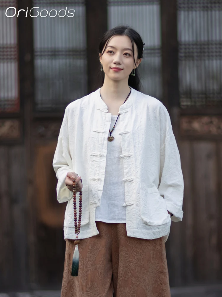 OriGoods JACQUARD Stoff Bluse Baumwolle Leinen Chinesischen Stil Lose Fit Jacquard Kleidung Mantel Herbst Vintage Shirt Frau Top C140