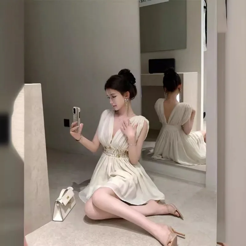 Party Sexy Dress Women Diamonds V Neck Sleeveless Waist Slim Fit Chiffon Mini Dresses Temperament Y2k Evening Vestidos