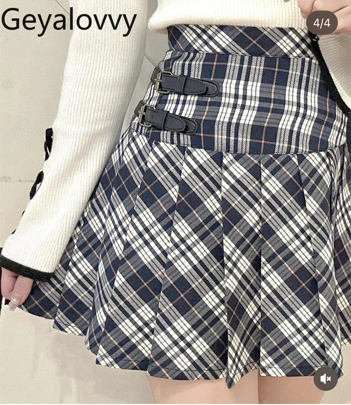

Japanese Style Leather Buckle Decorated High Waist Short Skirt Autumn Winter Plaid College Style Sweet Mini Pleated Skirts