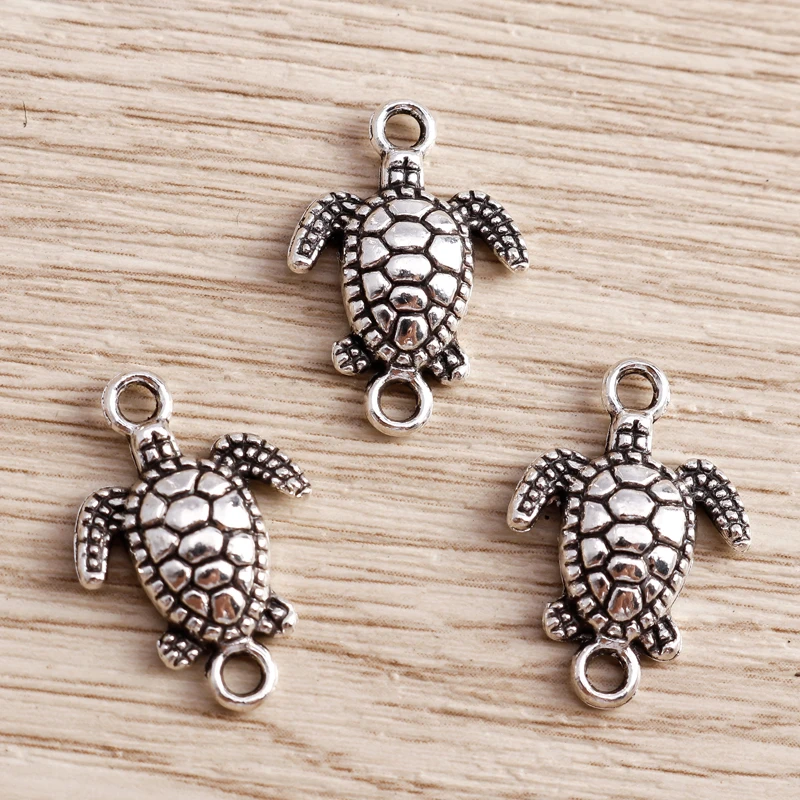 Tusember 20 Stück 14*21mm Schildkröten-Anhänger Tibetisch Silberfarben Schildkröten-Charms DIY Handgemachtes Antik-Schmuckzubehör – Detail 1