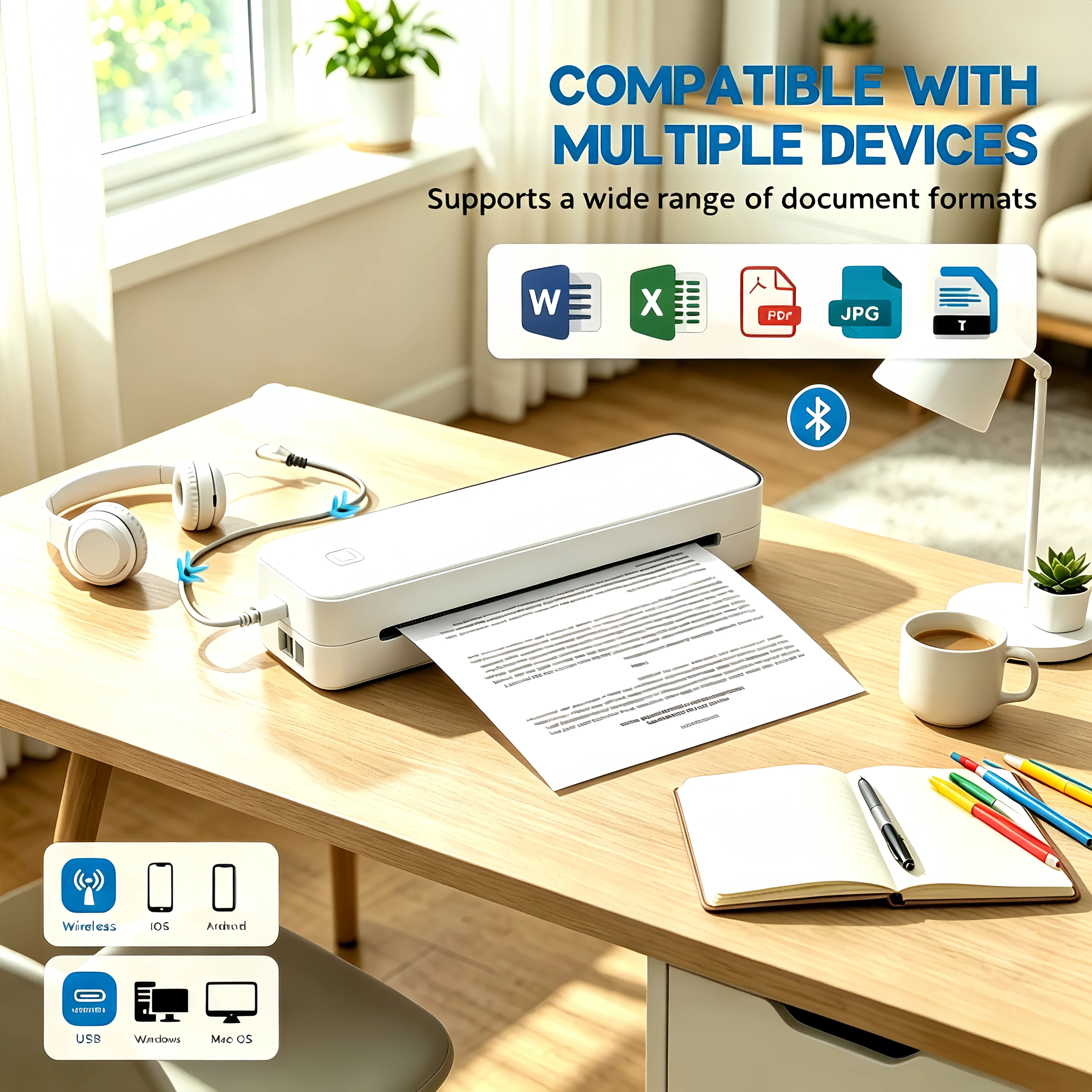 Portable Thermal A4 Printer Wireless Inkless Bluetooth USB Connect 1500mAn For iOS Android PC Travel Office Home