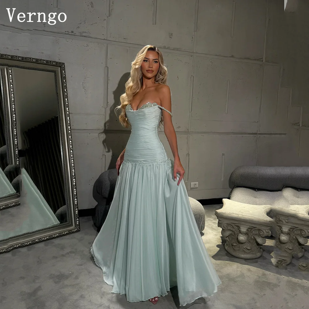 

Verngo Blue Chiffon Evening Dress Off The Shoulder Mermaid Formal Occasion Dresses Elegant Appliques Prom Party Gowns Customized