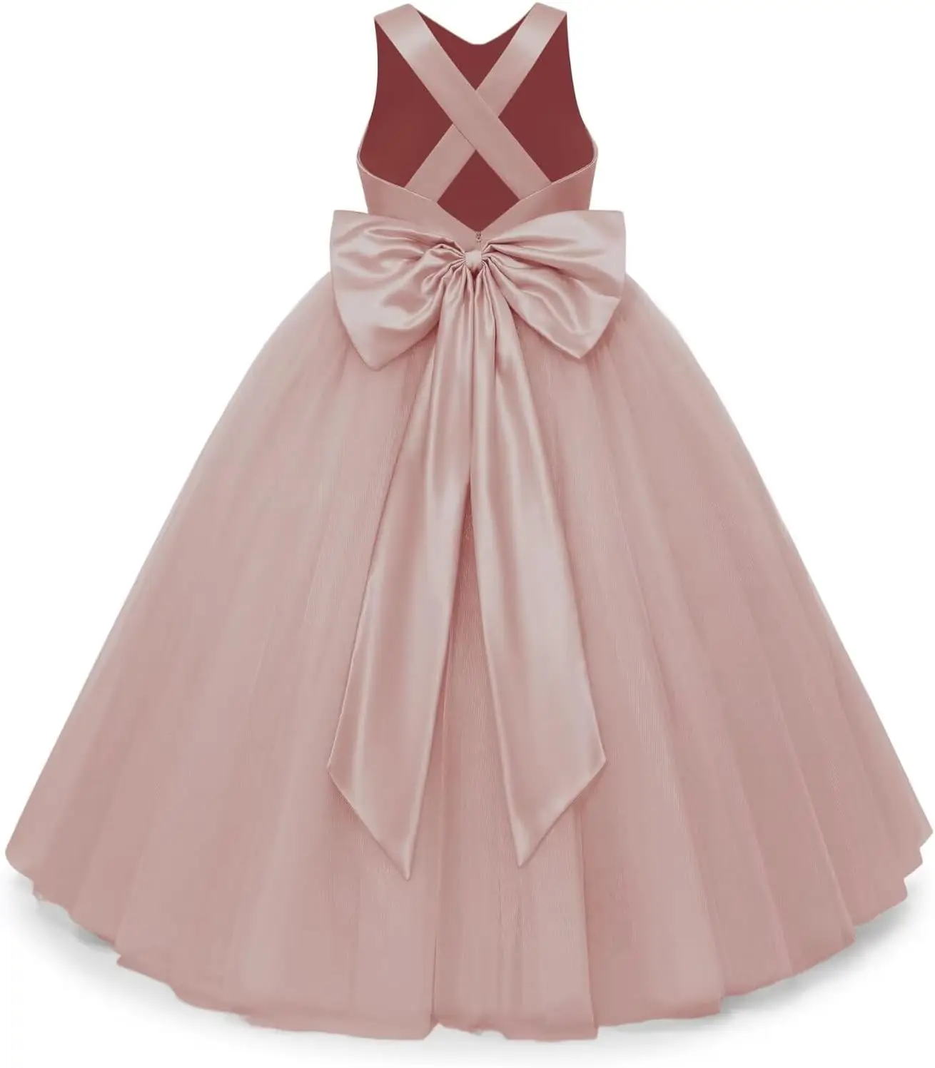Blumenmädchenkleid mit gekreuzten Schulterträgern und großer Schleife auf der Rückseite, Party-Tanzkleid aus Satin-Chiffon für Mädchen, formelle Kleidung