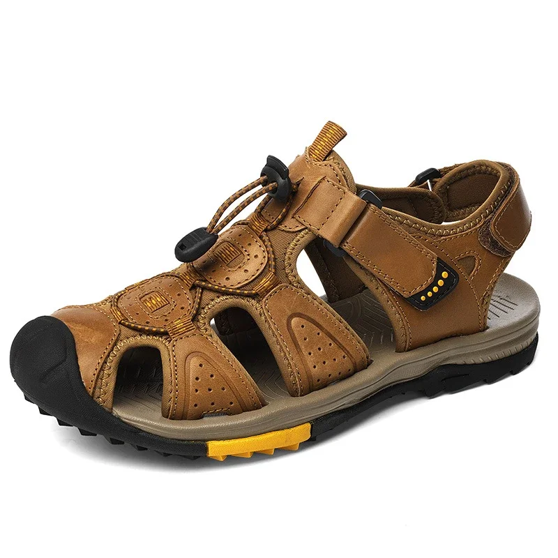 

Summer Men's Top Layer Cowhide Bag-Toe Casual Outdoor Beach Sandals Comfortable Velcro Non-Slip Breathable Zapatillas Hombre