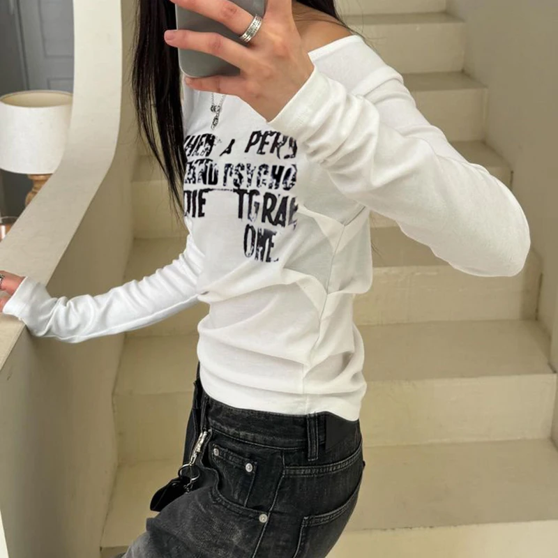 Darlingaga Korean Fashion Letter Print White T-shirts Women Skew Collar Autumn Knitted Tops Casual Trend Outifits Folds Pullover