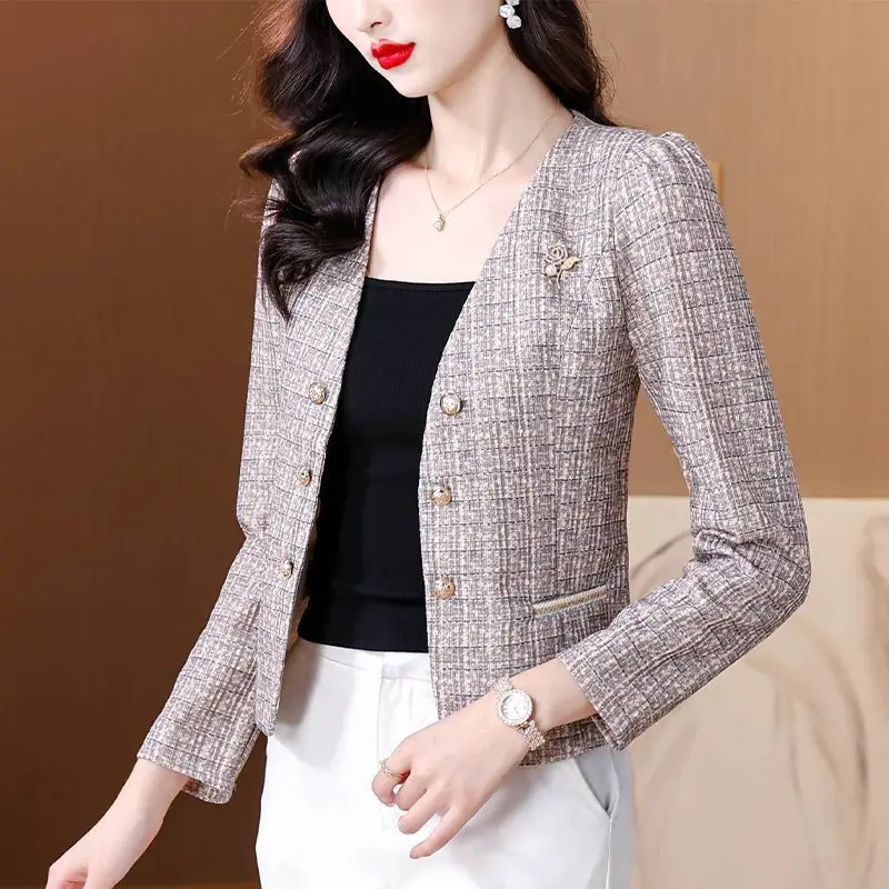 Autumn and winter Korean version of small suit coarse woolen short coat small fragrant style gold silk grid foreign style