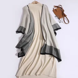 Women Casual Set Contrast Color Shawl Coat+Solid Mid-Length Long Sleeved Mock Neck Knit Dress Elegant Loose Fall Winter Outfit