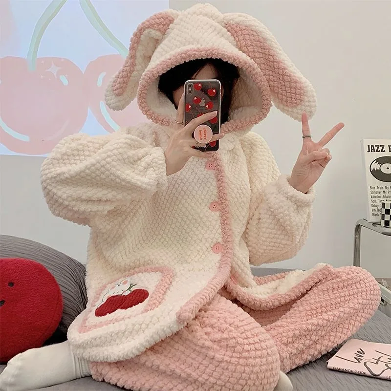 Winter Pajamas Women Coral Fleece Thickened Velvet Nightclothes Suit 2024 New Female Simple Hooded Thermal Flannel Homewear Sets