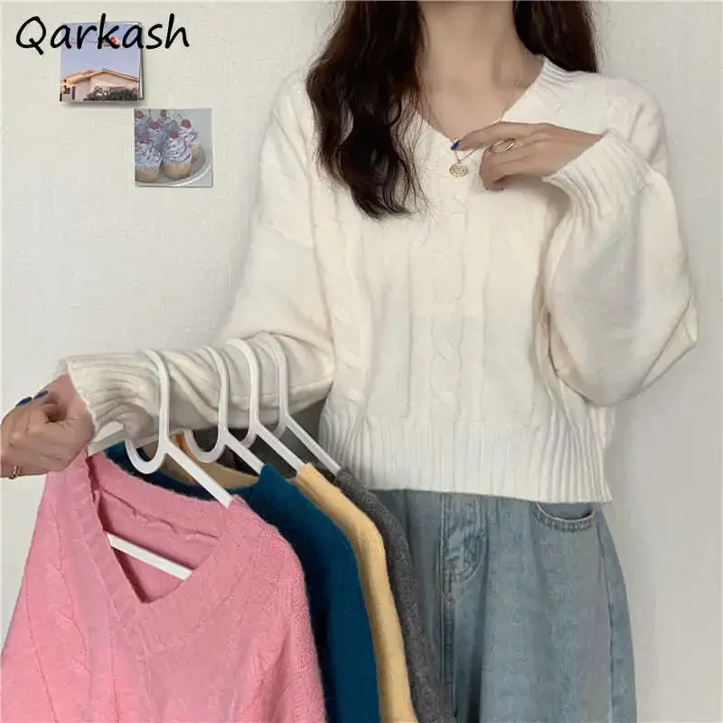 

V-neck Pullover Women Sweater Spring New Korean Style Lazy Long Sleeve Trendy Simple Clothes Knitted Cropped Chic Screw Thread