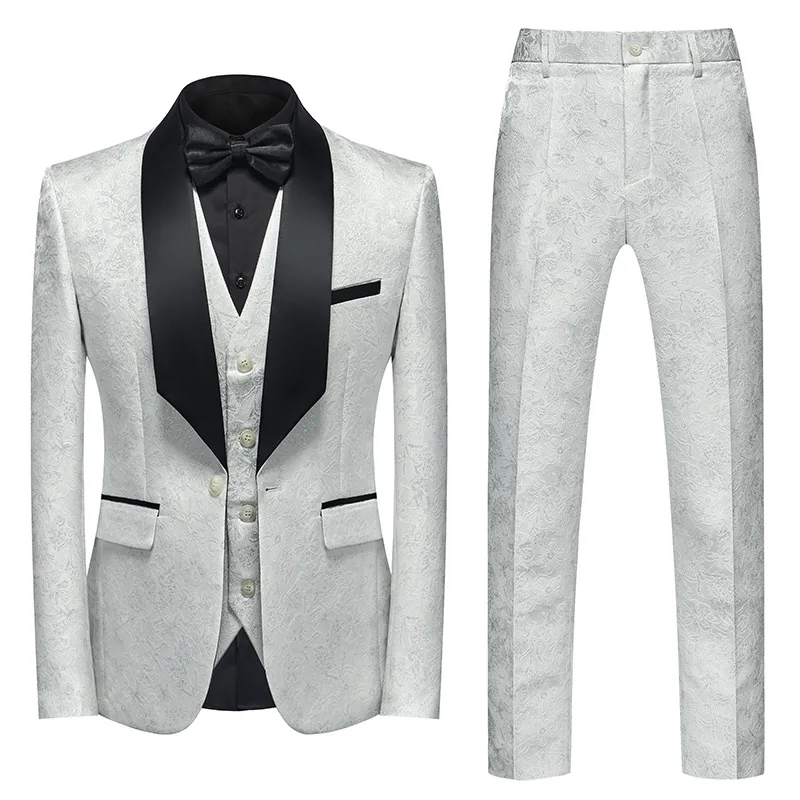 

Fashion Jacquard Men Suit Set White Wedding Party Groomsman Elegant Costume Black Classic Shawl Lapel Blazer Vest Pants 3 Pieces