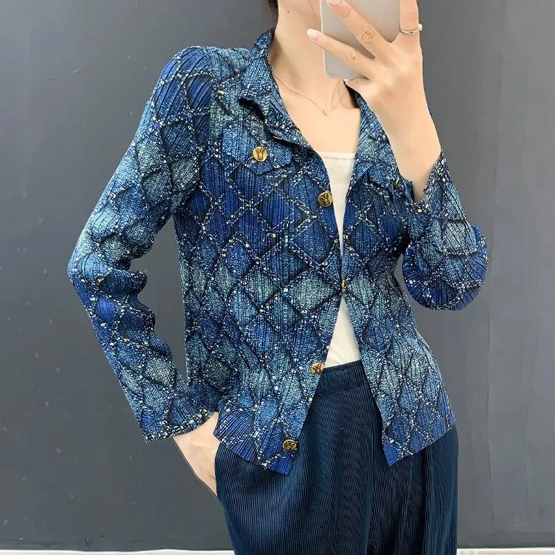 

Denim Pleated Imitation Print Women's Shirt 2025 Autumn New Turn-down Collar Long Sleeve Single-breasted Top 2J8XS