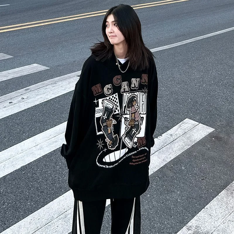 

Black Women Sweatshirt Hoodie Vintage Letter White Plush Jacket Long Sleeve Korean Fashion Casual Y2K Style Autumn Female Tops